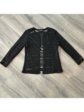 Berek Sweater Cardigan Womens S Black Open Knit Crochet Coastal Boho Lightweight